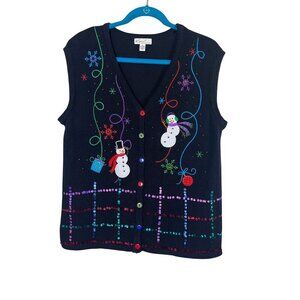 Christmas Knit Sweater Vest M Black Snowman Festive Holiday Preppy Classic Retro